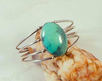 Rare Sterling Silver Cuff Bracelet Crafted by Navajo Artist R. J. Apacheto With Beautiful Piece of Number 8 Turquoise With Spiderweb Matrix