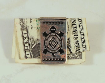 Silver Tone Money Clip With Inscribed Turtle With Water Symbol - Southwestern Look - Gift For Him