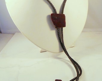 Bolo Tie With Dark Brown Agate Slice Slide Black Leather Cord Tie with Brown Agate Tips - Hippie, Bohemian, Rockabilly, Southwestern