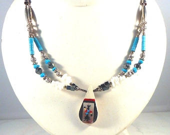 Outstanding Native American Made Necklace With Silver and Turquoise Beads Plus Inlaid Pendant With Kachina Dancer