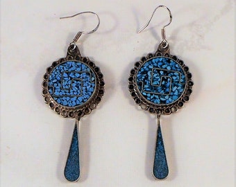 Sterling Silver Earrings With Turquoise Chip Inlay - Large Showy Tribal Boho - Southwestern Jewelry