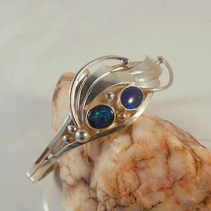 Navajo Handmade Sterling Silver Cuff Bracelet With Faux Opals and Interesting Applique Made by Navajo Artist Lee Charley
