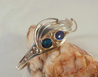 Navajo Handmade Sterling Silver Cuff Bracelet With Faux Opals and Interesting Applique Made by Navajo Artist Lee Charley