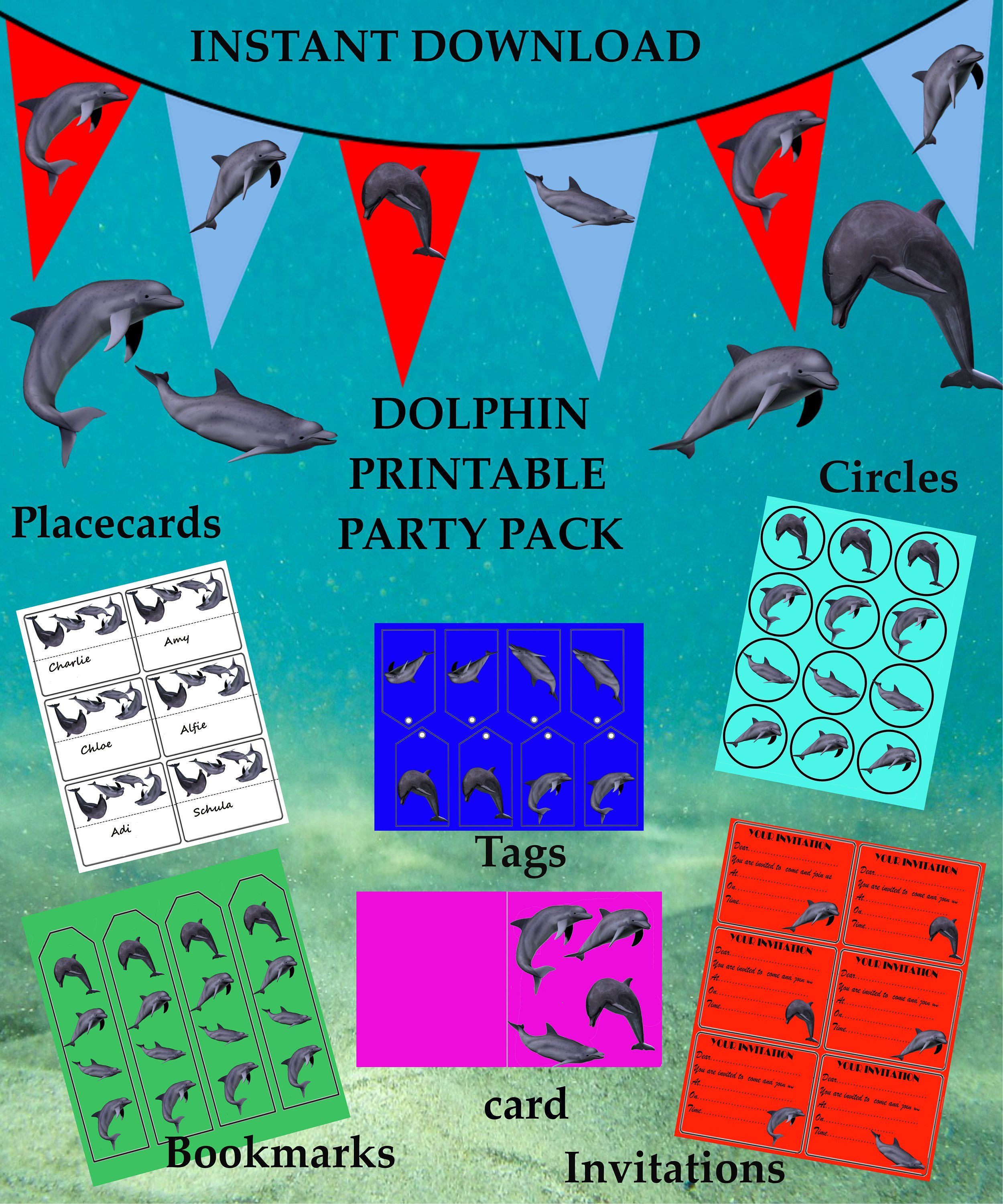 Dolphin Party Download Pack With Bunting, Bookmarks, Gift Tags, Circles ...