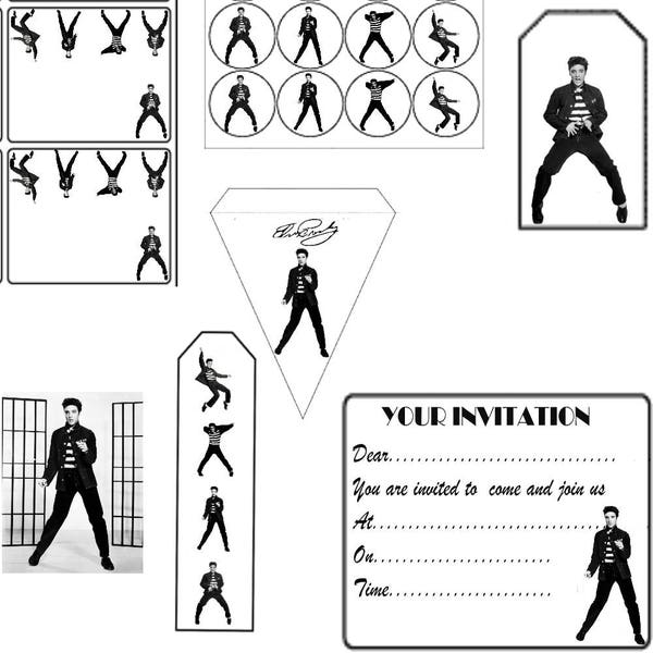 Elvis Presley Jailhouse Rock Instant Party Download Pack Bunting Bookmarks Tags circles cards, invites  + 4 Elvis images to print