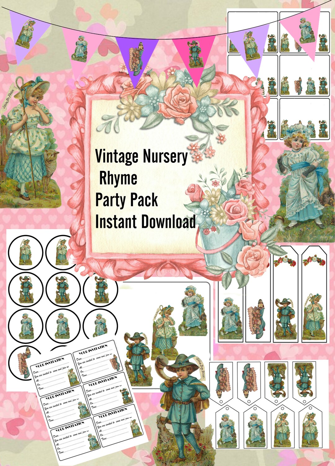 Bookmarks Rhyms Nursery Rhymes Vintage Party Download Pack With Bunting, Bookmarks ...
