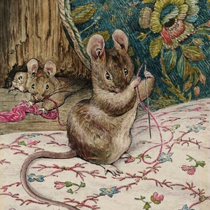 Topi Beatrix Potter al lavoro infila ago - Schema punto croce + stampa bonus, grafico di download istantaneo per fili di filo interdentale DMC
