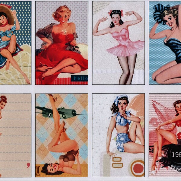 Retro Pin ups des années 1950 téléchargement collection étiquettes, collage, images, autocollants de petits carrés, gâteau toppers, fer à repasser sur les transferts etc