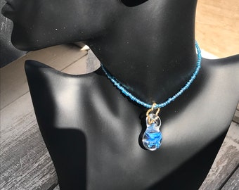 Teardrop blue mushroom glass pendant necklace Cute forest decor jewelry Customized lamp work necklace Glass pendant Mushroom talisman gift