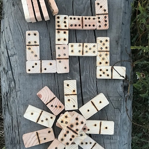 Rustic double six dominoes set in a carry box Torch burned large wooden dominoes Farmhouse decor Table game set Gift for him Made in Montana