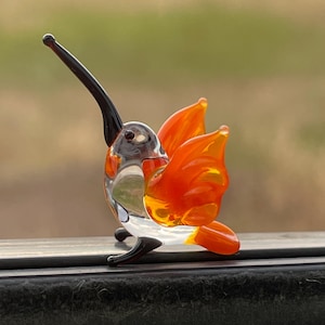 May include: A glass hummingbird figurine with a black beak and legs, and orange wings. The bird's body is clear, reflecting light. The figurine is perched on a dark surface, with a blurred green and brown background.