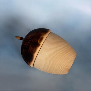 May include: A wooden acorn-shaped box with a dark brown top and a light brown base. The box has a small stem and is made of natural wood. The top is darker, with a burnt appearance, while the base is lighter.