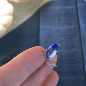 May include: A small blue glass figurine of a bird with white accents. The bird is perched on a clear glass stand with two legs.