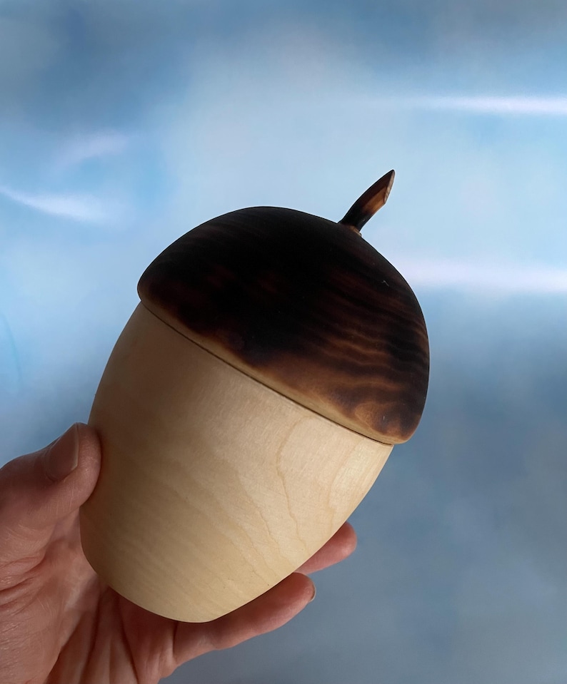 May include: A wooden acorn-shaped box with a dark brown top and a light brown base. The top has a small stem. The box is held in a hand against a blue background. The box is likely used for storage or decoration.