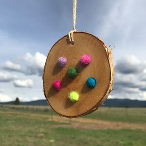 May include: A wooden circle with a string attached, hanging from a blue sky. The circle has six felt balls attached to it in different colors: pink, purple, green, blue, yellow, and lime green.
