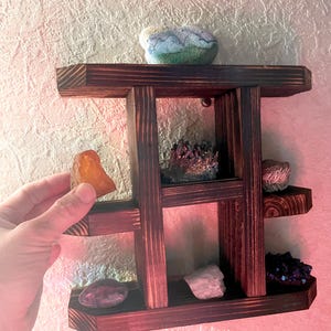 Small 3 tier rustic rock display Multi-level wooden shelf Torch burned pine rack Multi-tier wall case Crystals Knick Knack fossils shelf