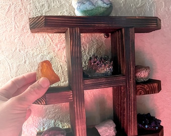 Small 3 tier rustic rock display Multi-level wooden shelf Torch burned pine rack Multi-tier wall case Crystals Knick Knack fossils shelf