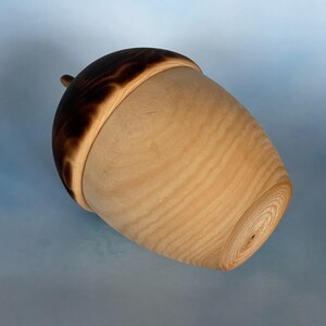 May include: A wooden acorn-shaped container with a light brown body and a dark brown cap. The cap has a textured, burnt appearance. The container is made of wood and has visible grain patterns.
