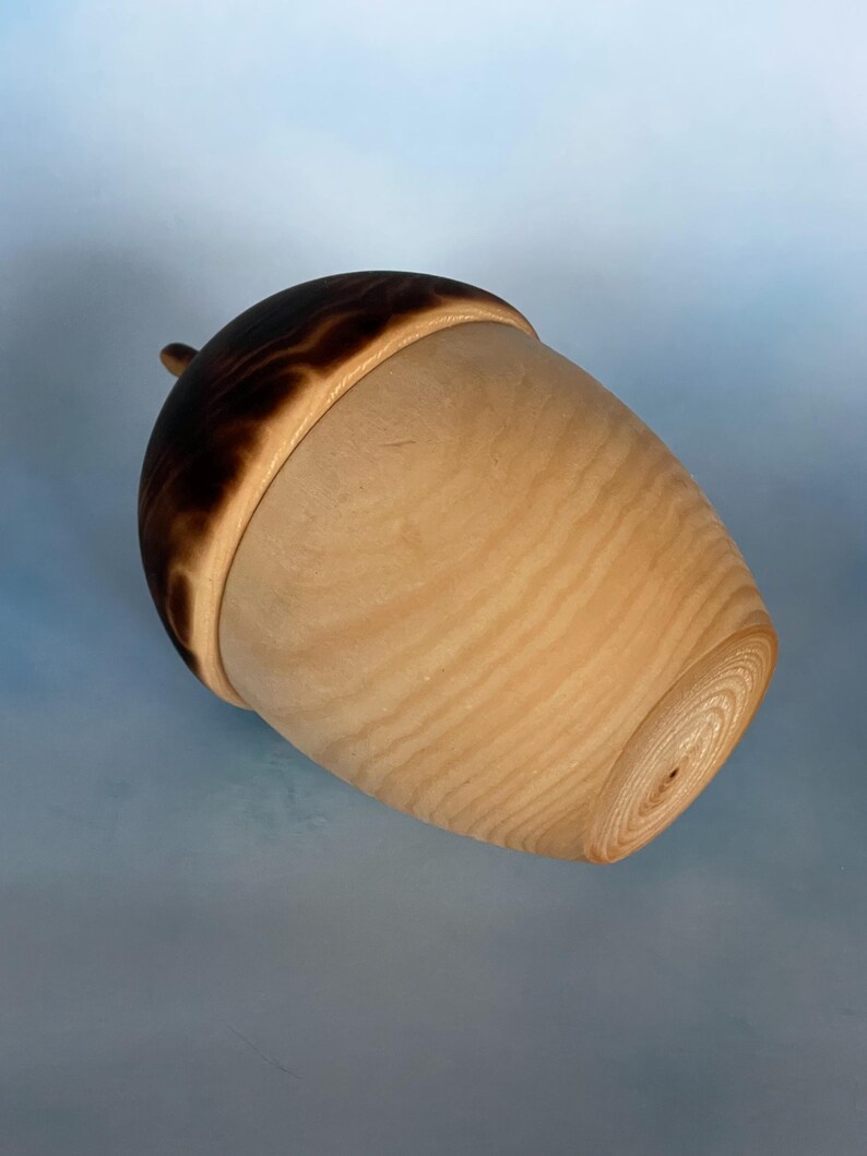 May include: A wooden acorn-shaped container with a light brown body and a dark brown cap. The cap has a textured, burnt appearance. The container is made of wood and has visible grain patterns.