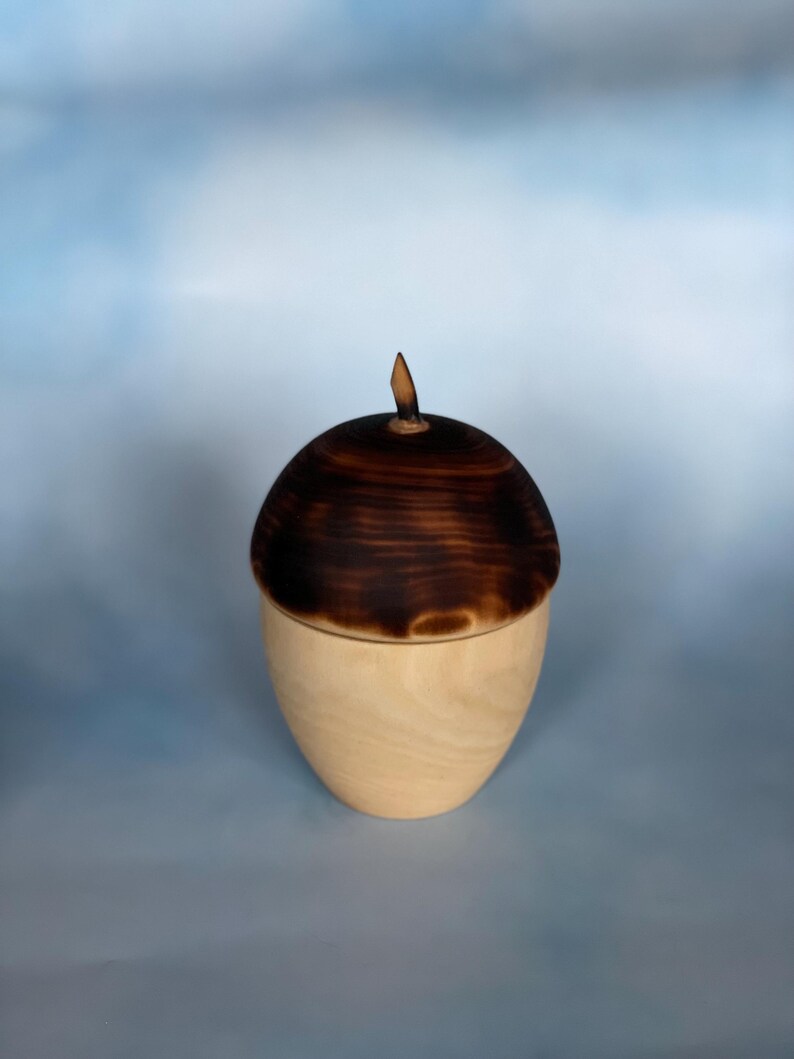 May include: A wooden acorn-shaped box with a dark brown, rounded lid and a light brown base. The lid has a small, pointed stem. The box is made of natural wood and has a smooth finish.