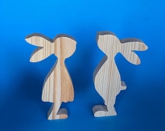 DIY set of 2 wooden rabbits for painting Unfinished pine wood animals Two hare figurines Handmade kids imagination set Easter bunnies gift