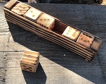 Rustic set of 6 wooden dice in a box Handmade torch burned pine dice game Gift for her Educational toy Rustic gift for him Country style