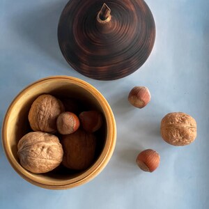 May include: A wooden bowl filled with walnuts and hazelnuts, with a matching lid. The lid and bowl are a light brown color. Several walnuts and hazelnuts are scattered around the bowl on a light blue surface.
