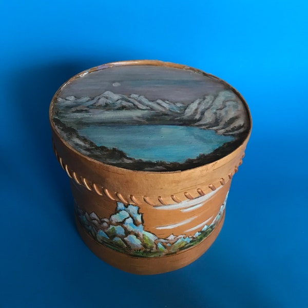 Hand painted Birch bark jar with a mountain lake motif Earth friendly Ziploc alternative Wood Cookie jar with lid Eco kitchen storage gift