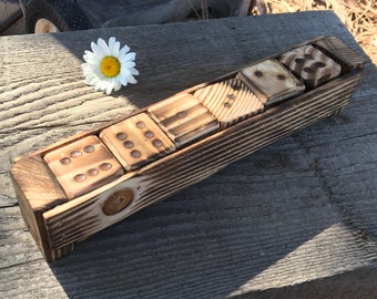 Rustic set of 6 wooden dice in a box Handmade torch burned pine dice game Gift for her Educational toy Rustic gift for him Country style