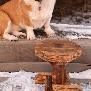 May include: A small, handcrafted wooden stool with a unique geometric design. The stool is made of stained wood, showcasing the natural grain. The stool is outdoors, with snow on the ground.