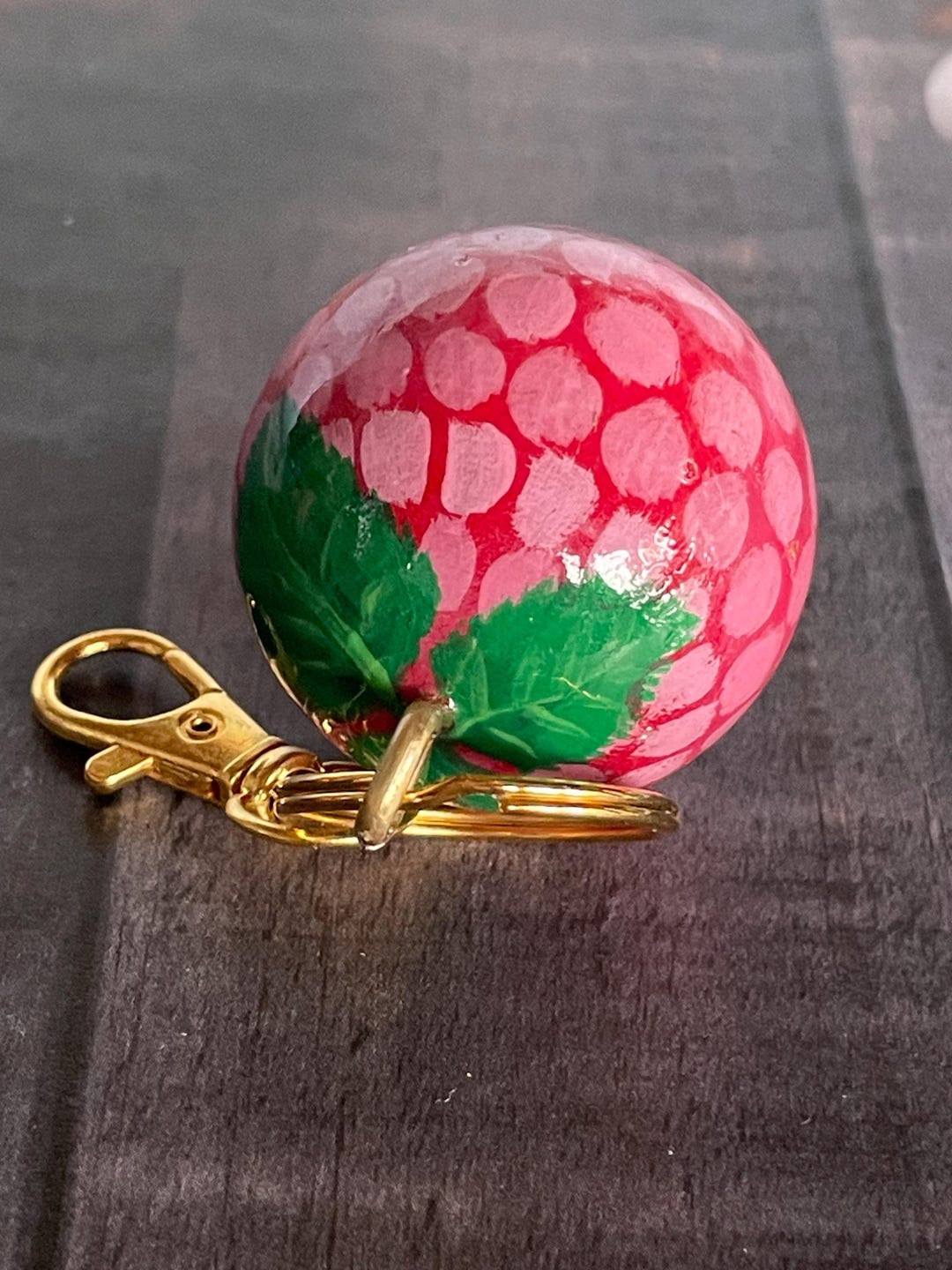 Hand Painted Raspberry Keychain Wooden Round Pink White Green Berry ...