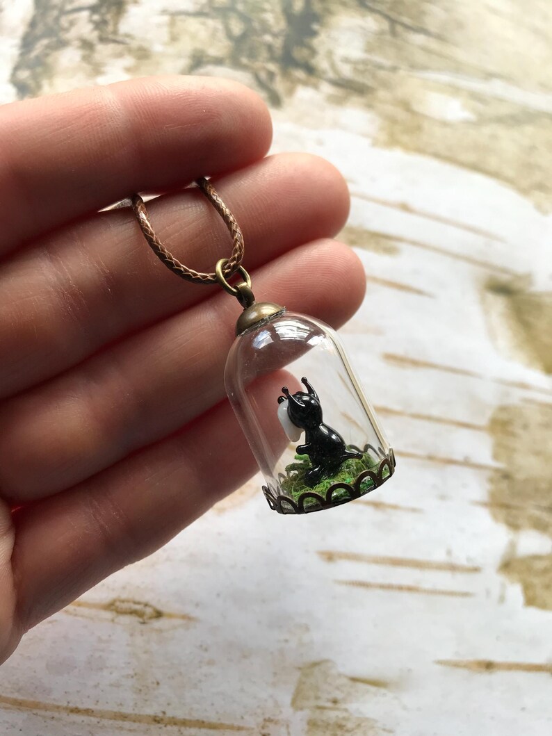 Tiny Glass Dog Pendant Necklace Cute Black & White Pet in a Glass Globe