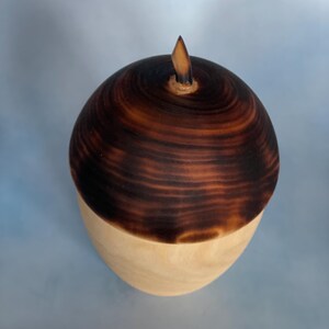May include: A wooden acorn-shaped box with a light-colored base and a dark brown, textured top. The top has a small, pointed stem. The box is likely used for storage or decoration.