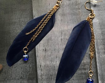 Avatar inspired blue/gold feather earrings with tiny hearts Natural feather dangles Gold plated chain & Fish hooks Movie fan gift Navi decor