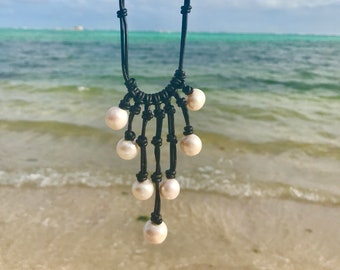 Große Perle und lederhalskette, Perle und Leder-Strand-Kette, Perle und Leder Halsband