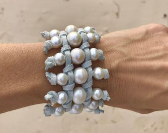Pearl and leather cuff bracelet, pearl and suede cuff bracelet, large pearl cuff