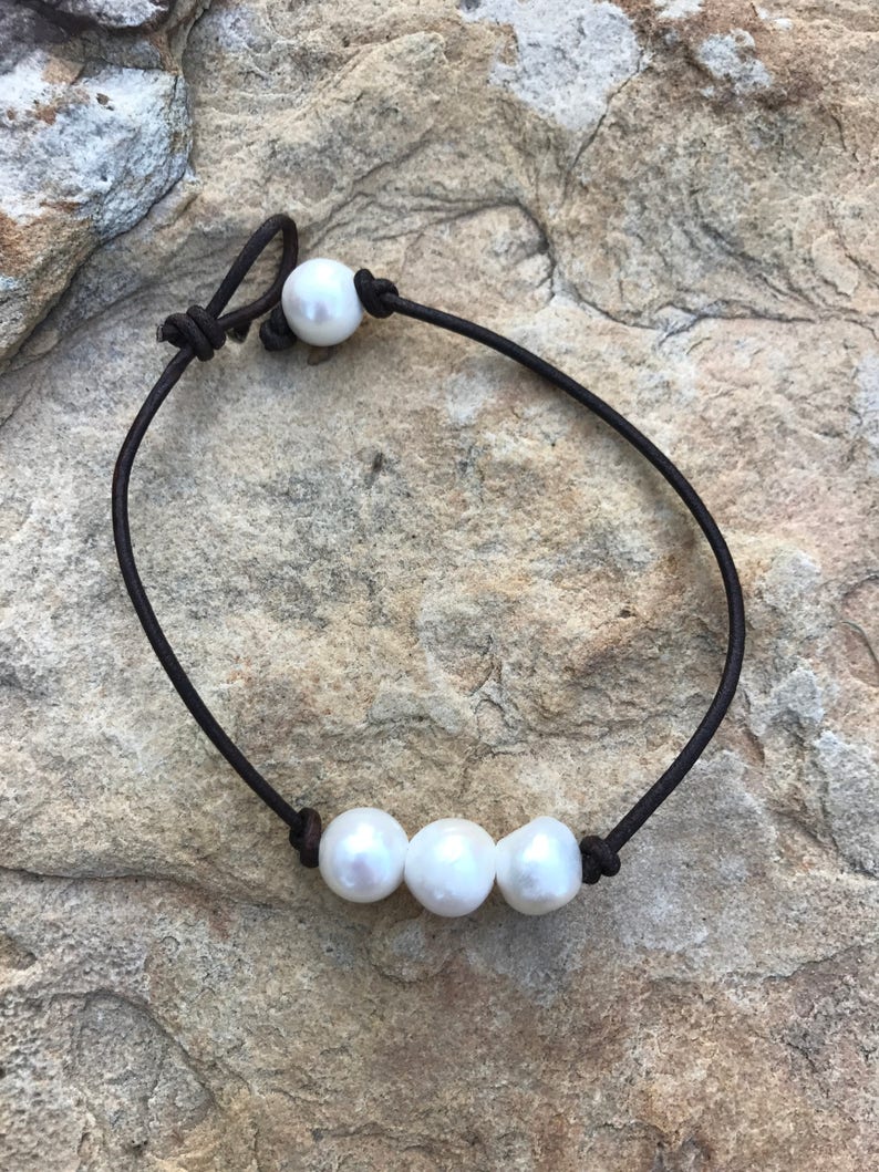 beach anklet Fresh water pearl and leather anklet triple pearl anklet bohemian anklet