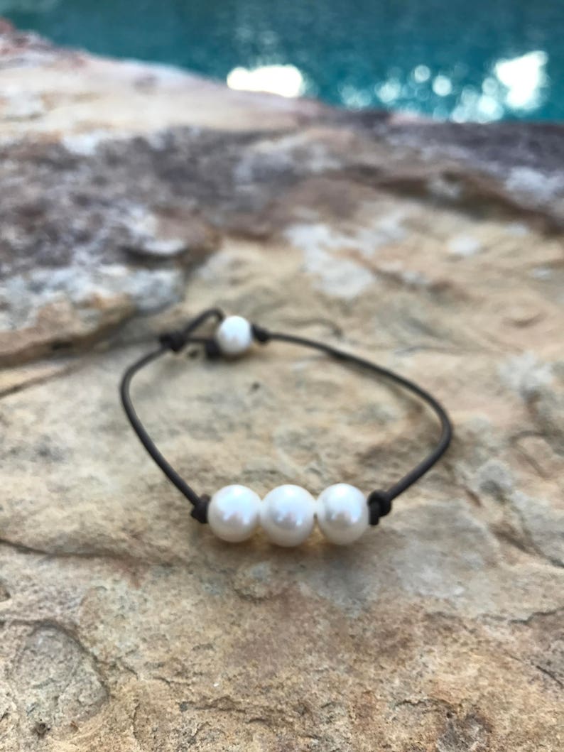 beach anklet Fresh water pearl and leather anklet triple pearl anklet bohemian anklet