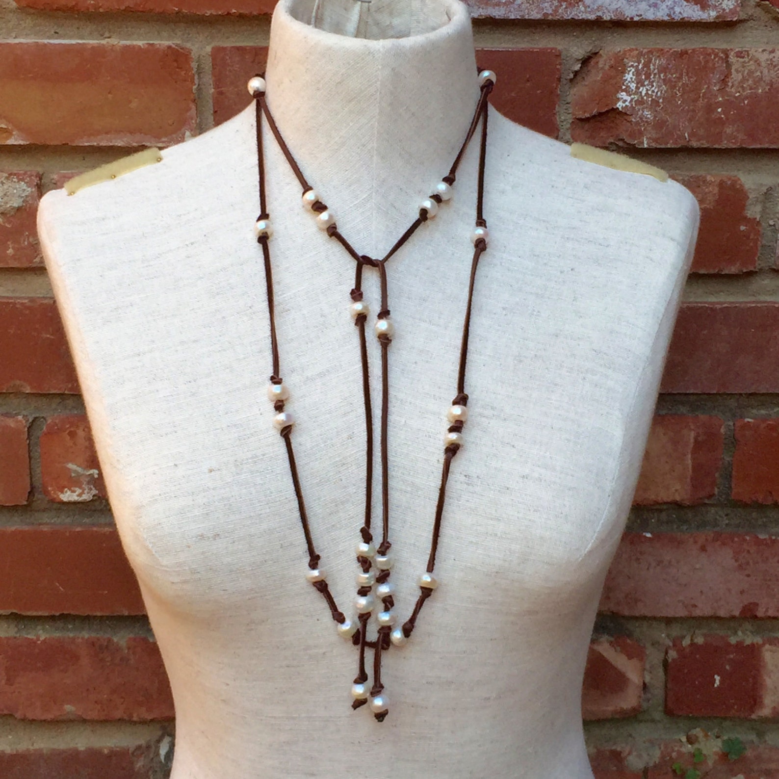 Long Leather Lariat and Fresh Water Pearl Necklace Adjustable Etsy