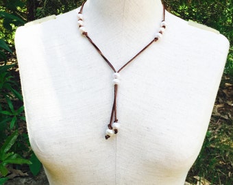 Leather and fresh water pearl adjustable lariat necklace, boho style, beach style, Y necklace, bohemian necklace