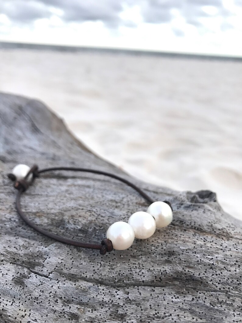 beach anklet Fresh water pearl and leather anklet triple pearl anklet bohemian anklet