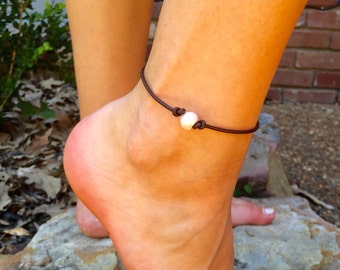 Fresh water pearl and leather anklet, Summer style, beach style, boho style, bohemian anklet