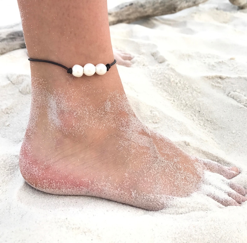 beach anklet Fresh water pearl and leather anklet triple pearl anklet bohemian anklet