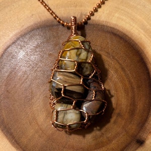 Petrified Wood copper wire wrapped pendant includes 30” copper ball chain which can be cut to preferred length