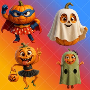 Peut inclure: Quatre citrouilles de dessins animés en costumes d'Halloween. L'une est un super-héros, une autre un fantôme, une troisième tient une lanterne citrouille, et la dernière est dans un costume vert avec une araignée. Le fond est un dégradé d'orange, de violet et de bleu.