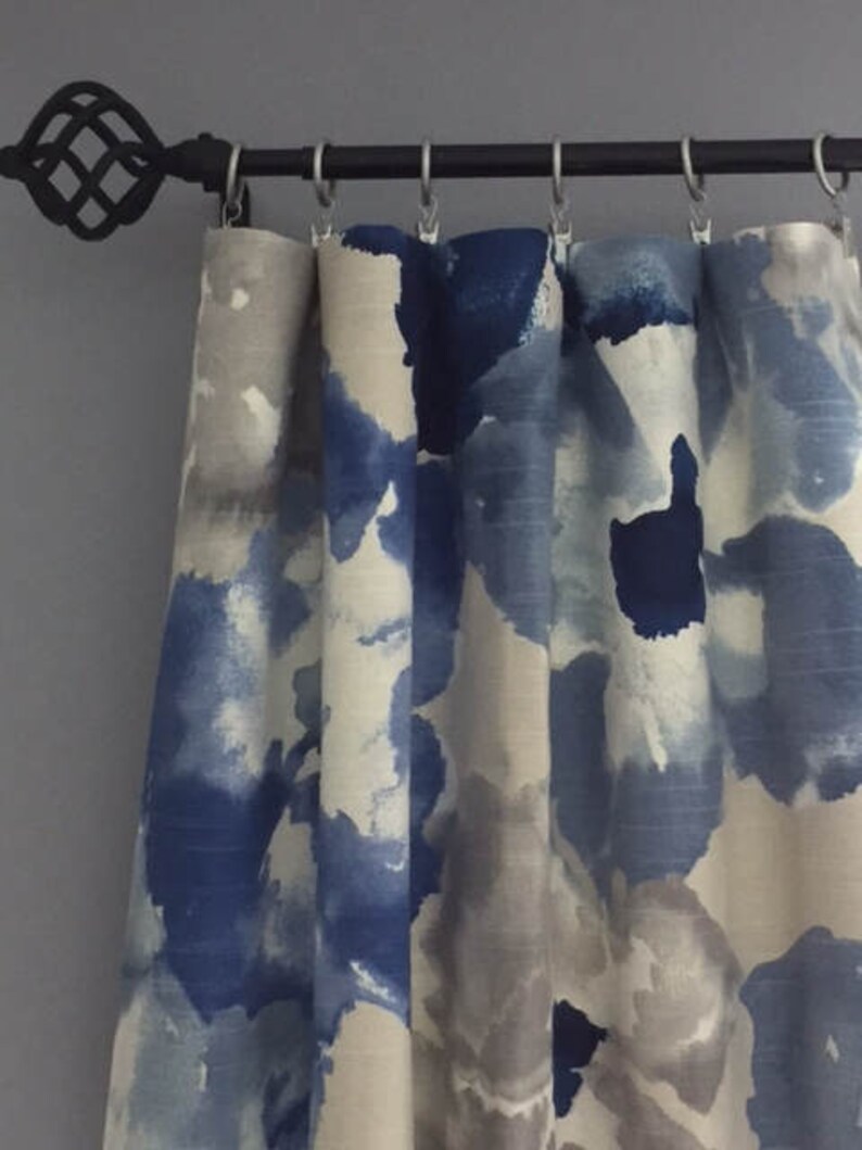 curtain panels message me to add lining. Custom lengths available message me Two panels Blue and gray drapery panels Valances