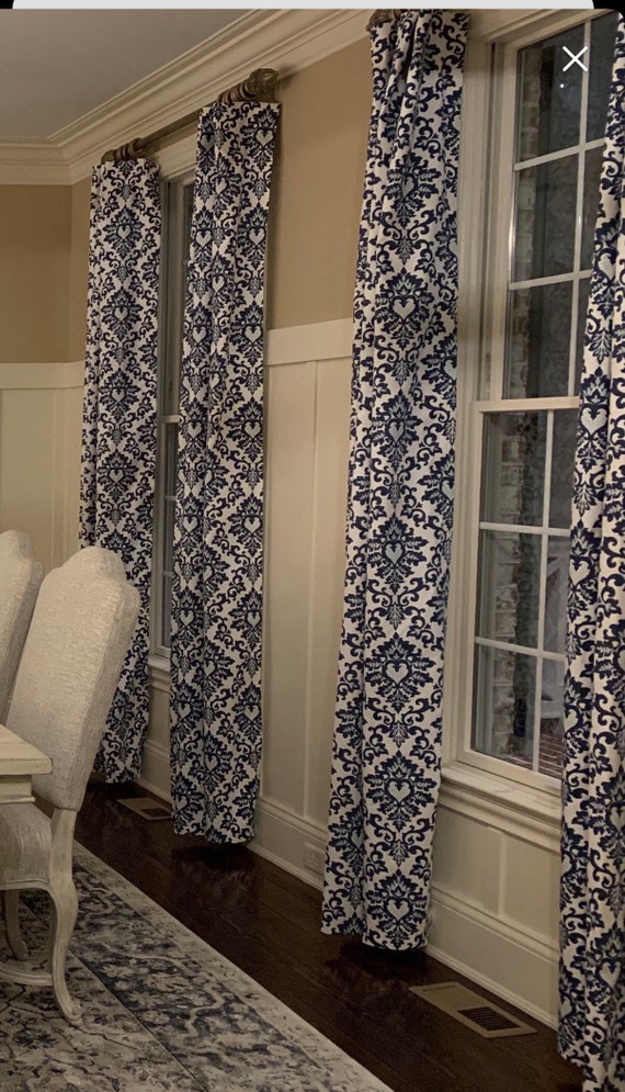 2 Custom Ikat Blue Curtain Panels Dark 2 Custom Ikat Blue Curtain Panels, Blue Ikat Curtains Living Room