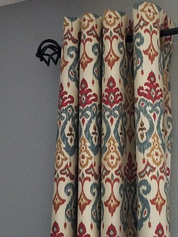 Grommet Lined Drapery Curtain Panels In Blue And Red Ikat Etsy