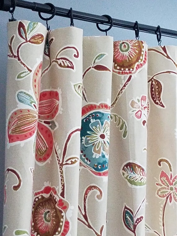 Pair Of Curtains Drapery Panels Orange Coral Green Gray Etsy