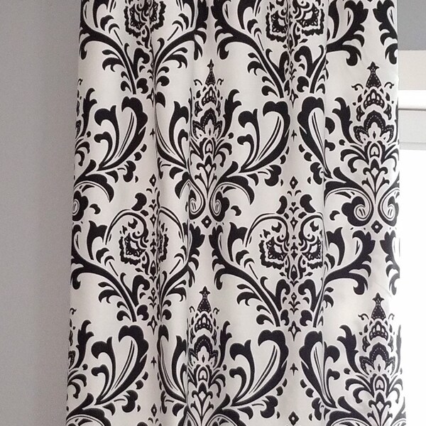 Black and white curtains. Pair of curtain panels.  Damask curtains. Custom curtain widths and lengths. Free shipping!